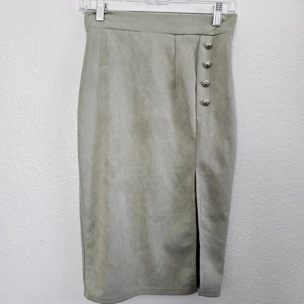 CBR Sage‎ Green Faux Suede 2 Piece Set Mock Neck Crop Top & Button Midi Skirt S